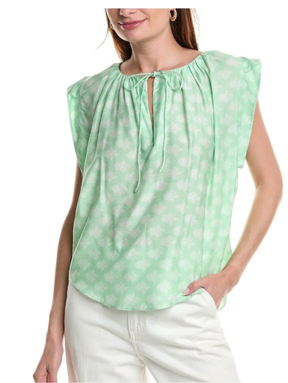 Joie Gwyneth Cap-Sleeve Blouse with Tie-Neck Quiet Green & Porcelain